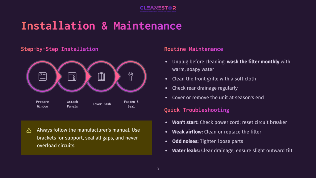 Cleanestor Installation And Maintenance Guide: Step-By-Step Installation With Icons For Preparing The Window, Attaching Panels, Lower Sash, And Fastening. Routine Maintenance Checklist Includes Unplugging, Cleaning The Front Grille, Checking Rear Drainage, And Covering The Unit. Troubleshooting Tips For Power Issues, Weak Airflow, Odd Noises, And Water Leaks.