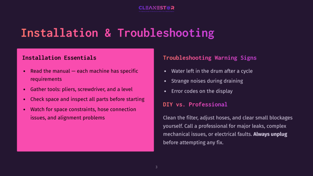Purple Slide With &Quot;Installation &Amp; Troubleshooting&Quot; Title. Left Side Has Pink Box With &Quot;Installation Essentials&Quot; And Bulleted List. Right Side Has &Quot;Troubleshooting Warning Signs&Quot; And &Quot;Diy Vs. Professional&Quot; With Bulleted Lists.