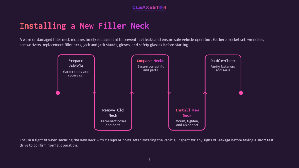 Flowchart Illustrating The Steps For Installing A New Filler Neck: Prepare Vehicle, Compare Necks, Double-Check, Remove Old Neck, And Install New Neck. The Diagram Uses Purple And Pink Colors With Clear Text Instructions.