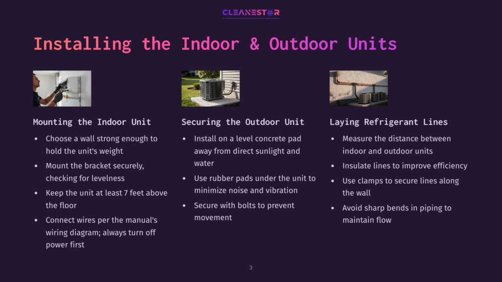 3 Installing The Indoor And Outdoor Units Diagram Showing The Three Main Steps Of Installing Indoor And Outdoor Ac Units: Mounting The Indoor Unit, Securing The Outdoor Unit, And Laying Refrigerant Lines. Text Includes &Quot;Cleanestor&Quot; Logo.