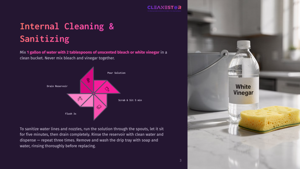 Diagram Showing Internal Cleaning And Sanitizing Steps For A Coffee Machine, Including Mixing Bleach And Vinegar Solution, Pouring, And Rinsing.