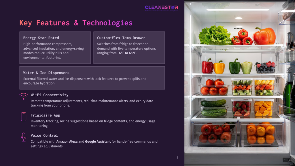Inside View Of A Spacious, Well-Organized Cleanestor Refrigerator, Showcasing Fresh Produce Like Red Peppers, Strawberries, Cucumbers, And Oranges In Clear Drawers. The Refrigerator Features Multiple Shelves And Compartments.