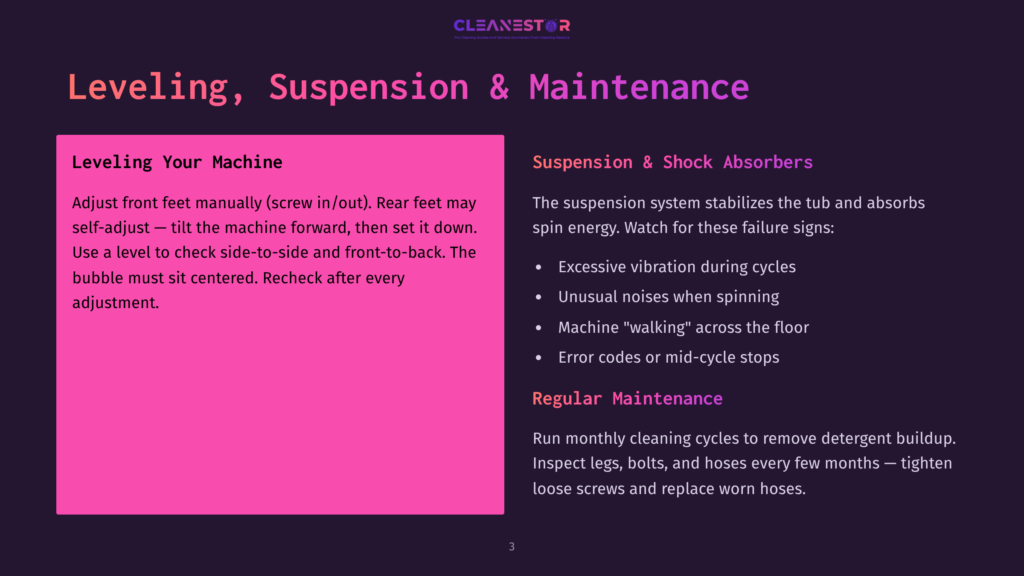 Slide Titled &Quot;Leveling, Suspension &Amp; Maintenance&Quot; With Sections On &Quot;Leveling Your Machine&Quot; And &Quot;Suspension &Amp; Shock Absorbers,&Quot; Plus &Quot;Regular Maintenance&Quot; Tips.