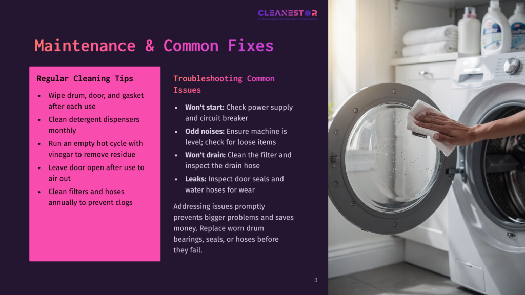3 Maintenance And Common Fixes A Person'S Hands Wipe The Inside Of A Washing Machine Drum With A White Cloth. The Image Also Shows Text About &Quot;Maintenance &Amp; Common Fixes&Quot; And &Quot;Regular Cleaning Tips&Quot; For Washing Machines.