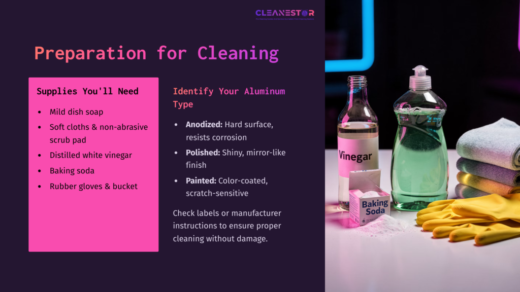 Supplies For Cleaning Aluminum, Featuring Bottles Of Vinegar And Colored Liquids, Soft Cloths, And A Scrub Pad, On A Split Background.