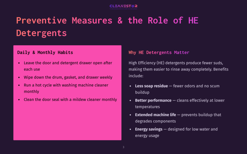 3 Preventive Measures And The Role Of He Detergents Slide Titled &Quot;Preventive Measures &Amp; The Role Of He Detergents&Quot; With Two Columns: &Quot;Daily &Amp; Monthly Habits&Quot; And &Quot;Why He Detergents Matter.