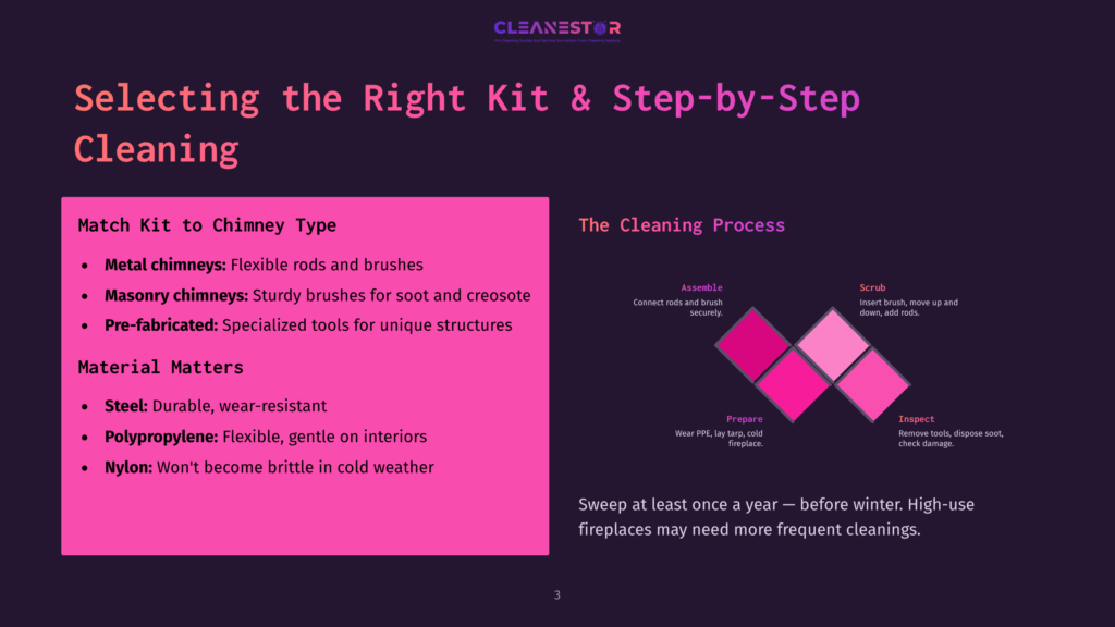 Diagram Illustrating How To Select The Right Chimney Cleaning Kit, Detailing Material Options Like Steel And Polypropylene, And The Cleaning Process Steps: Assemble, Prepare, And Scrub.