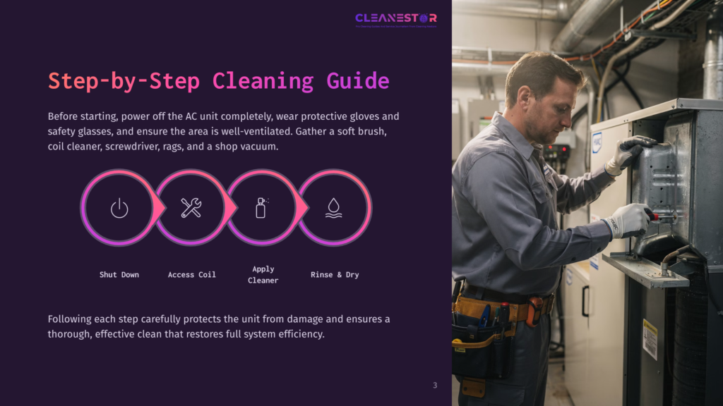 Step-By-Step Cleaning Guide For Ac Units: Turn Off Power, Access Coil, Apply Cleaner, Rinse And Dry. A Technician In A Grey Uniform Works On An Ac Unit, Wearing Protective Gloves.