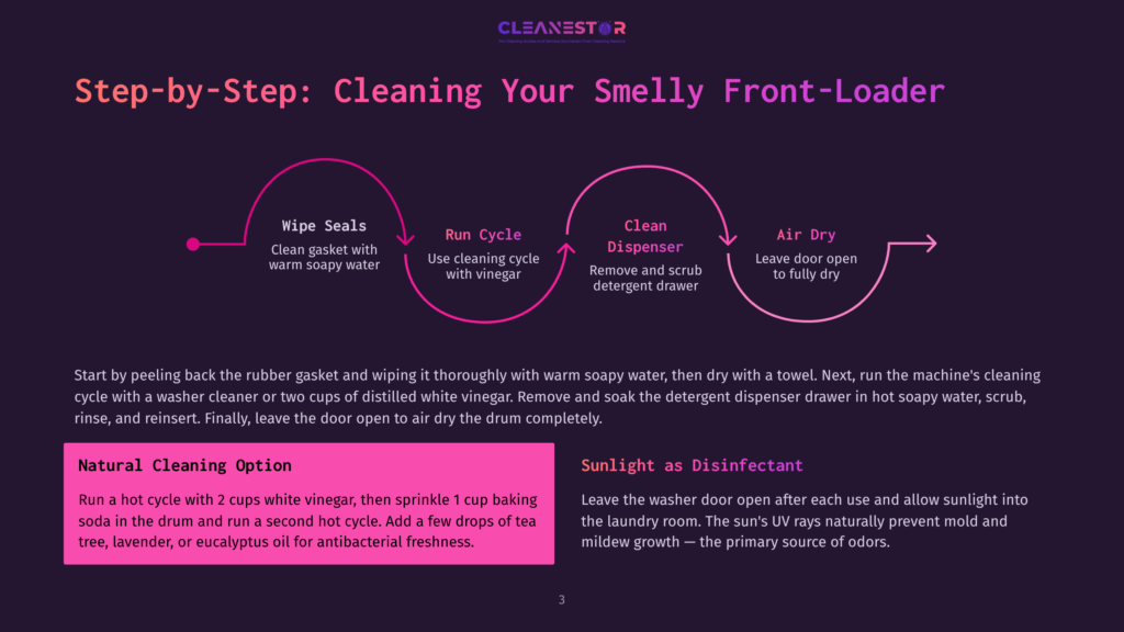 Step-By-Step Guide To Cleaning A Smelly Front-Loader Washing Machine: Wipe Seals, Run Cycle, Clean Dispenser, Air Dry. Includes Natural Cleaning Option With Vinegar And Baking Soda.