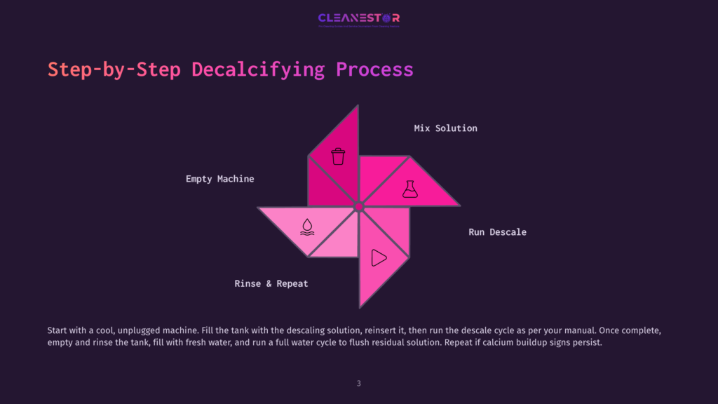 3 Step By Step Decalcifying Process Step-By-Step Decalcifying Process Diagram With A Pinwheel Design Showing Steps: Empty Machine, Mix Solution, Run Descale, Rinse &Amp; Repeat. Text Overlays Explain The Decalcifying Process.