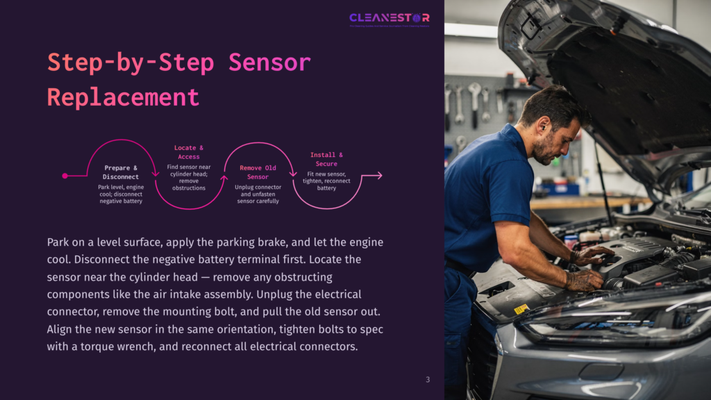 Mechanic In A Blue Shirt Works On A Car Engine, Tightening A Bolt On A Sensor. The Image Shows A Step-By-Step Guide For Sensor Replacement.