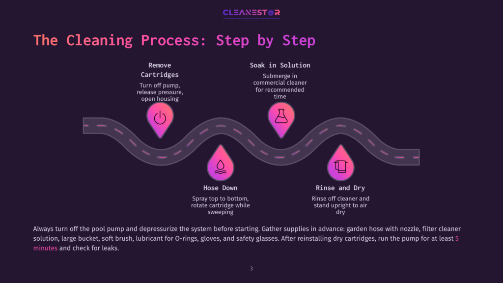 Diagram Illustrating The 4-Step Pool Filter Cleaning Process: Remove Cartridges, Soak In Solution, Hose Down, And Rinse And Dry. The Text &Quot;The Cleaning Process: Step By Step&Quot; Is Prominently Displayed.