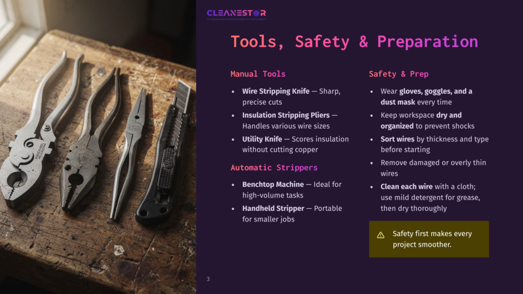 A Collection Of Wire Stripping Tools, Including Pliers And A Utility Knife, Are Laid Out On A Wooden Workbench. Text Overlays Provide Information On Manual Tools And Safety Prep.