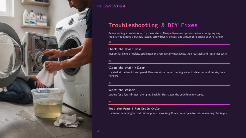 A Person In A Laundry Room Cleans A Washing Machine Drain Filter, With Tools And A Bucket Of Water Nearby. The Image Includes Text: &Quot;Cleanestor Troubleshooting &Amp; Diy Fixes&Quot;.