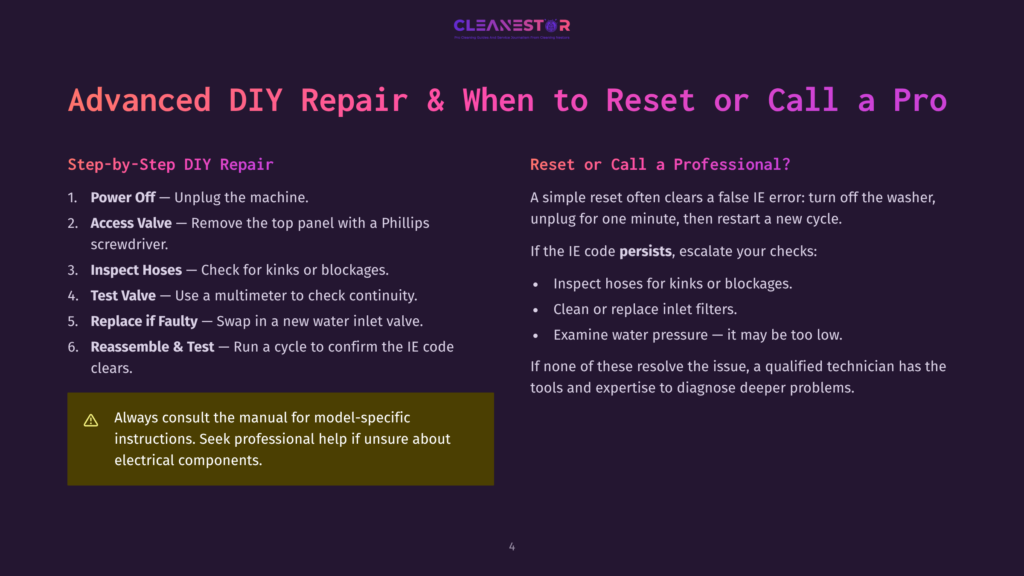 Diy Repair Guide For A Pro Appliance, Detailing Steps Like &Quot;Power Off,&Quot; &Quot;Access Valve,&Quot; And &Quot;Inspect Hoses.&Quot; The Text Also Covers &Quot;Reset Or Call A Professional&Quot; With Troubleshooting Tips For &Quot;Ie Error.