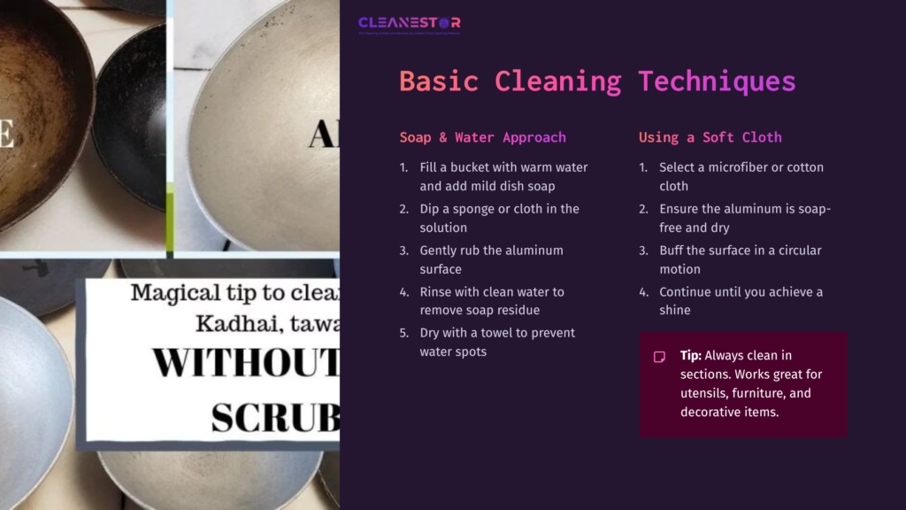 Various Aluminum Cleaning Techniques Illustrated On A Split Page: One Side Shows Aluminum Pots, The Other Offers Step-By-Step Instructions With Purple Accents.
