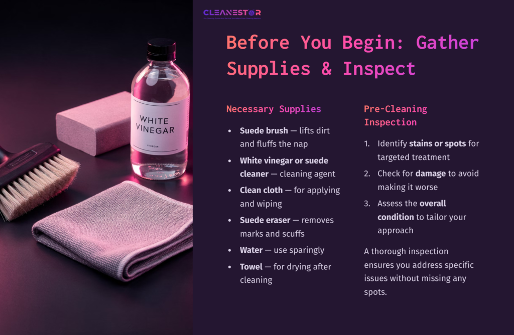 A Bottle Of White Vinegar, Suede Brush, Suede Eraser, Towel, And A Pink Cloth On A Dark Background, With Cleaning Tips Displayed.