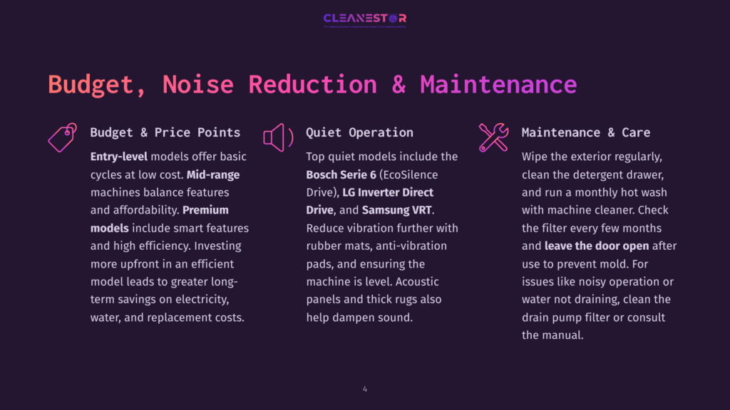 Cleanestor Logo With Text: Budget, Noise Reduction &Amp; Maintenance. Features Sections On Budget &Amp; Price Points, Quiet Operation, And Maintenance &Amp; Care.