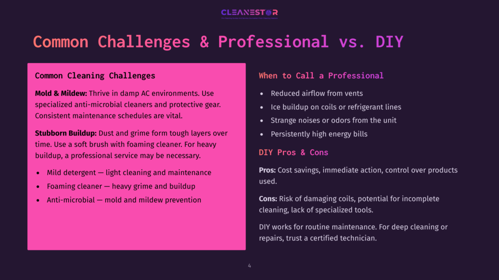 A Slide Titled &Quot;Common Challenges &Amp; Professional Vs. Diy&Quot; With Text Comparing Home Hvac Cleaning Challenges Like Mold And Buildup With Professional Services, And Pros And Cons Of Diy Cleaning.