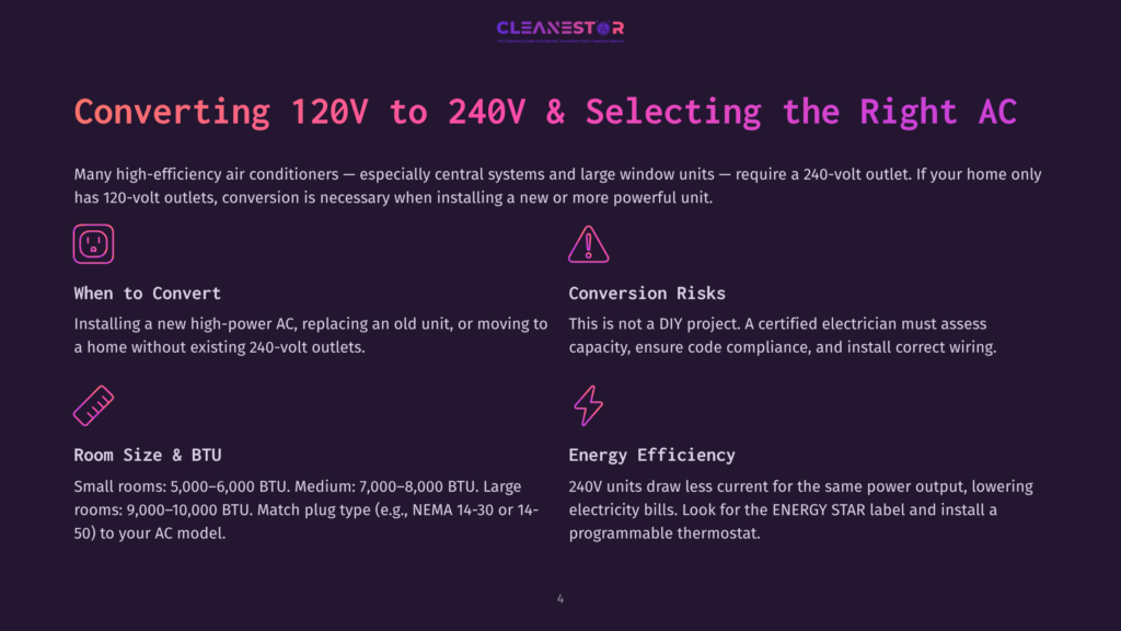 4 Converting 120V To 240V And Selecting The Right Ac Infographic Detailing How To Convert 120V To 240V For Air Conditioners, Covering Conversion Risks, Room Size, And Energy Efficiency. Features Icons For Electrical Outlets, Warning Signs, Room Dimensions, And Energy Savings.