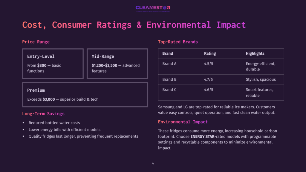 Infographic Titled &Quot;Cost, Consumer Ratings &Amp; Environmental Impact&Quot; Showing Refrigerator Price Ranges (Entry-Level, Mid-Range, Premium) And Top-Rated Brands With Their Ratings And Highlights, Including Energy Star Information.
