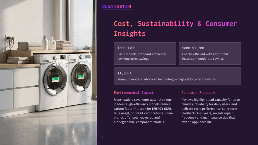 4 Cost Sustainability And Consumer Insights Cleanestor Logo At The Top Of A Slide With Text About Cost, Sustainability &Amp; Consumer Insights. Below The Text Are Price Ranges And Details For Laundry Appliances. A Modern Laundry Room With A White Washer And Dryer Is Shown To The Left.