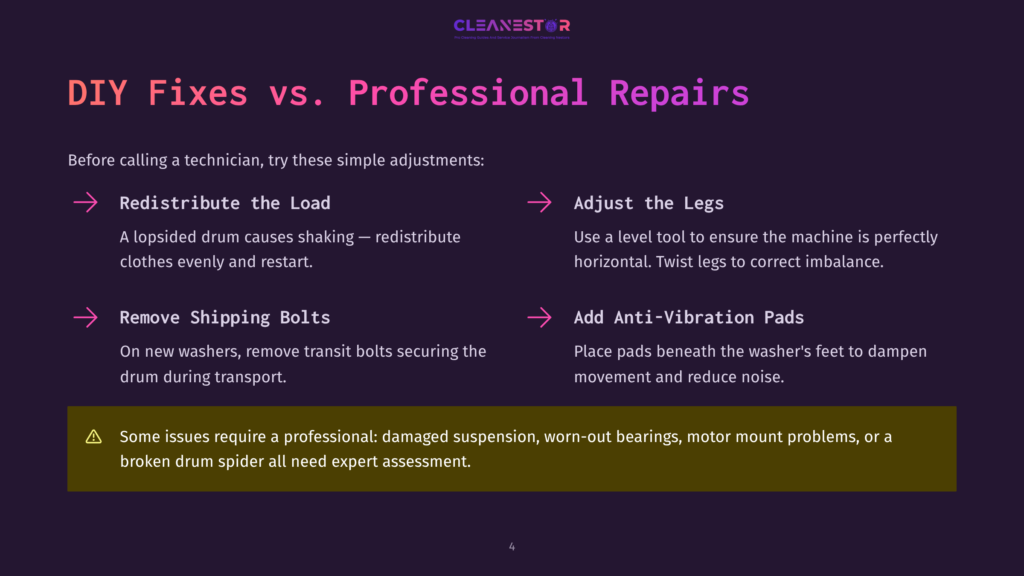 Infographic Titled &Quot;Diy Fixes Vs. Professional Repairs&Quot; With Purple And Dark Background, Listing Tips Like &Quot;Redistribute The Load&Quot; And &Quot;Add Anti-Vibration Pads&Quot; For Appliance Repair.