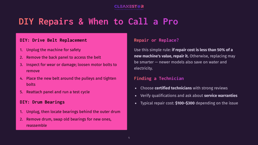 4 Diy Repairs And When To Call A Pro Diy Repairs Vs. Calling A Technician For Appliance Maintenance: A Slide From Cleanestor Outlining Steps For Drive Belt Replacement And Drum Bearing Repair, Versus Advice On When To Repair Or Replace A Machine.