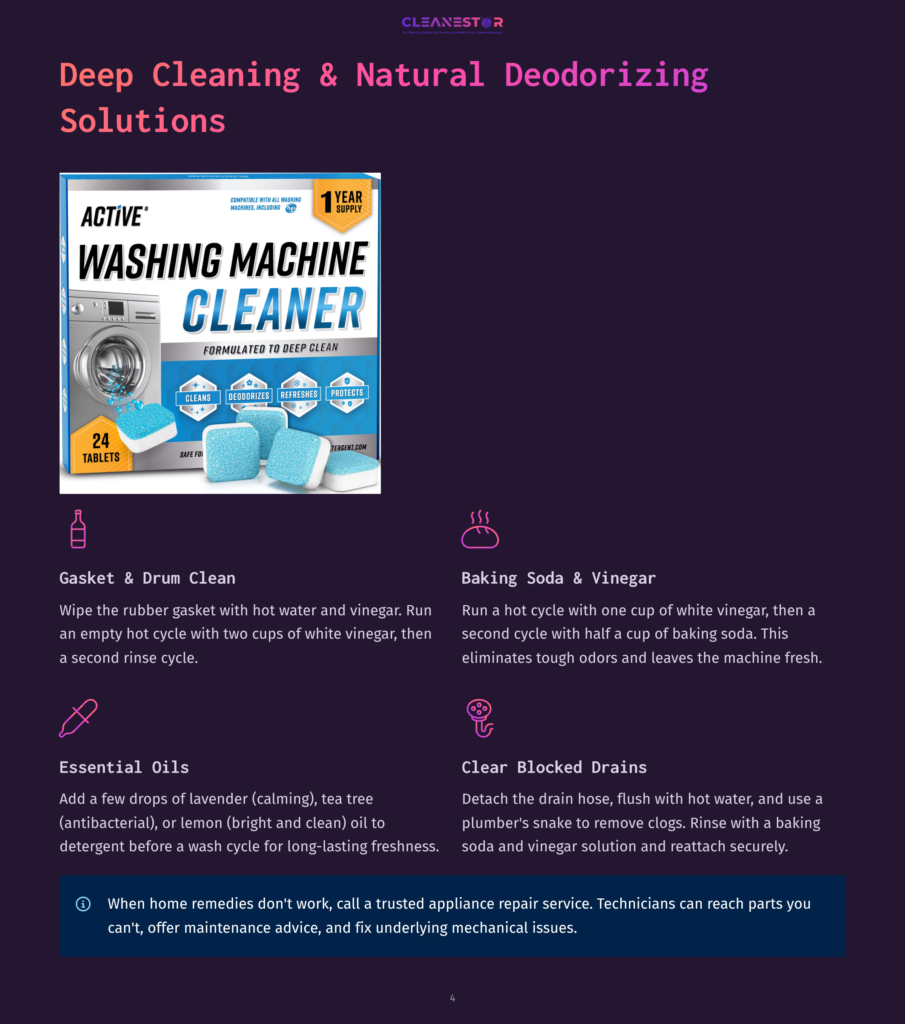 4 Deep Cleaning And Natural Deodorizing Solutions Active Washing Machine Cleaner Box With 24 Tablets And A 1 Year Supply Label, Alongside Icons For Cleaning, Deodorizing, Refreshing, And Protecting, And Instructions For Deep Cleaning.