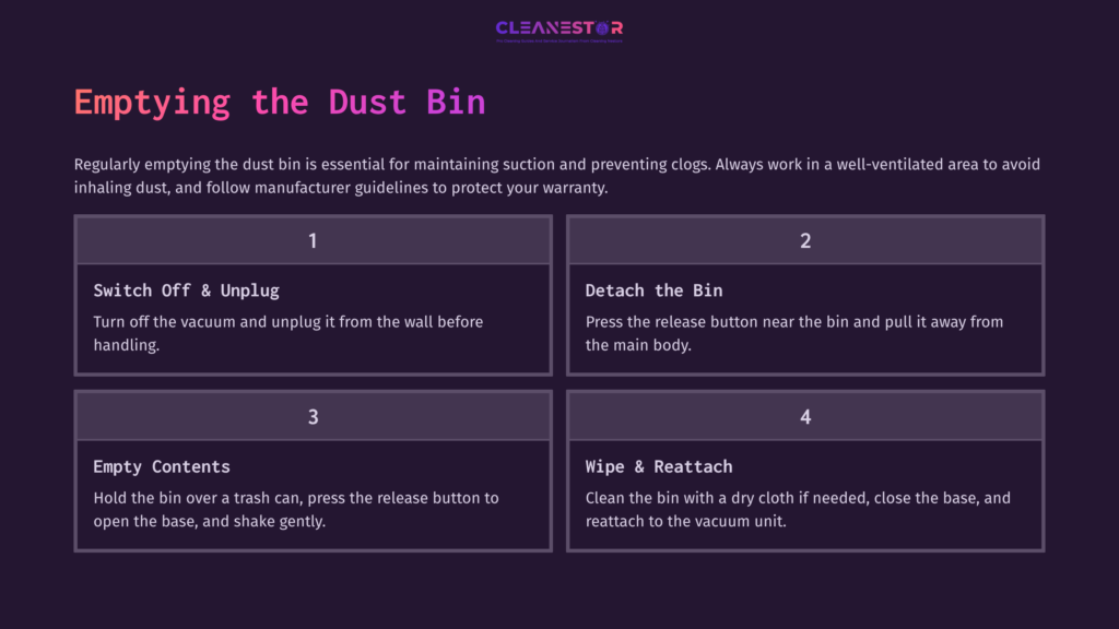 4 Emptying The Dust Bin Instructions For Emptying Vacuum Dust Bin