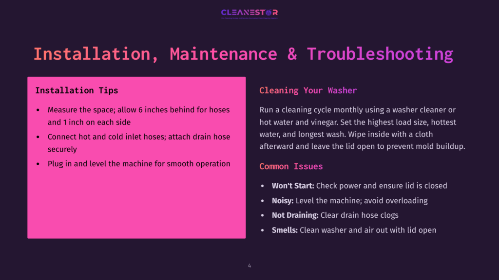 Cleanestor Washing Machine Installation, Maintenance, And Troubleshooting Guide. Includes Tips For Space, Hoses, And Power, Plus Cleaning Instructions And Common Issues Like &Quot;Won'T Start&Quot; And &Quot;Noisy.