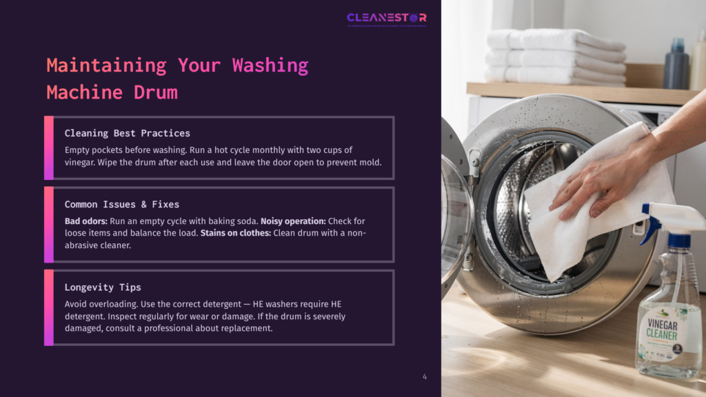 A Person'S Hand In A White Cloth Wipes The Inside Of A Washing Machine Drum, With A Bottle Of &Quot;Vinegar Cleaner&Quot; Nearby On A Wooden Shelf.