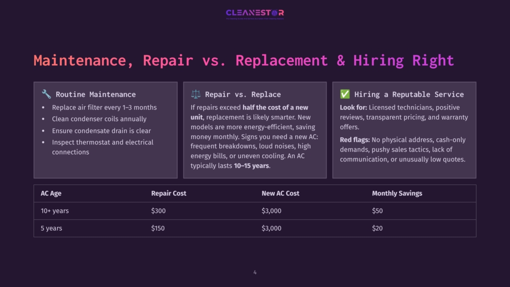 Comparison Chart: Maintenance, Repair Vs. Replacement &Amp; Hiring A Reputable Service. Includes Ac Age, Repair Cost, New Ac Cost, And Monthly Savings.
