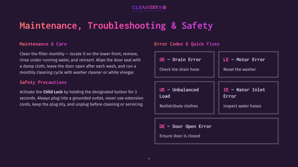 Cleanestor Washing Machine Maintenance And Safety Guide With Error Codes: Oe - Drain Error, Ue - Unbalanced Load, De - Door Open Error, Le - Motor Error, Ie - Water Inlet Error.