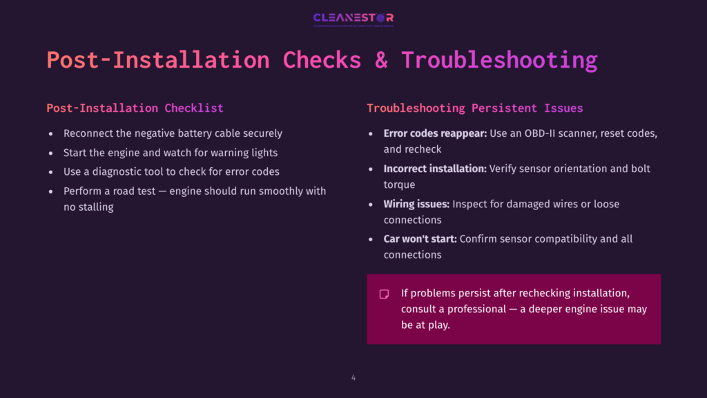Cleanestor Logo And Text: &Quot;Post-Installation Checks &Amp; Troubleshooting&Quot; With Checklist And Troubleshooting Tips For Car Engine Issues.