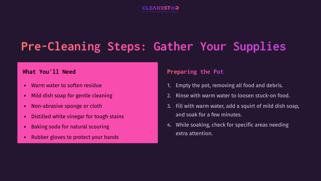 4 Pre Cleaning Steps Gather Your Supplies 1 Checklist For Cleaning Aluminum Pots With Warm Water, Cleaning Supplies, And Preparation Steps Highlighted In Pink And White Text On A Dark Background.