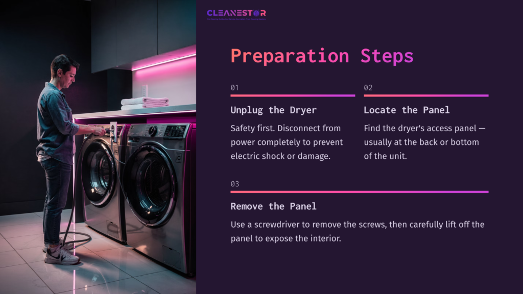 4 Preparation Steps 1 A Person In A Dark Room Works On A Dryer, Surrounded By Washing Machines. Pink And Purple Lighting Creates A Modern Ambiance.