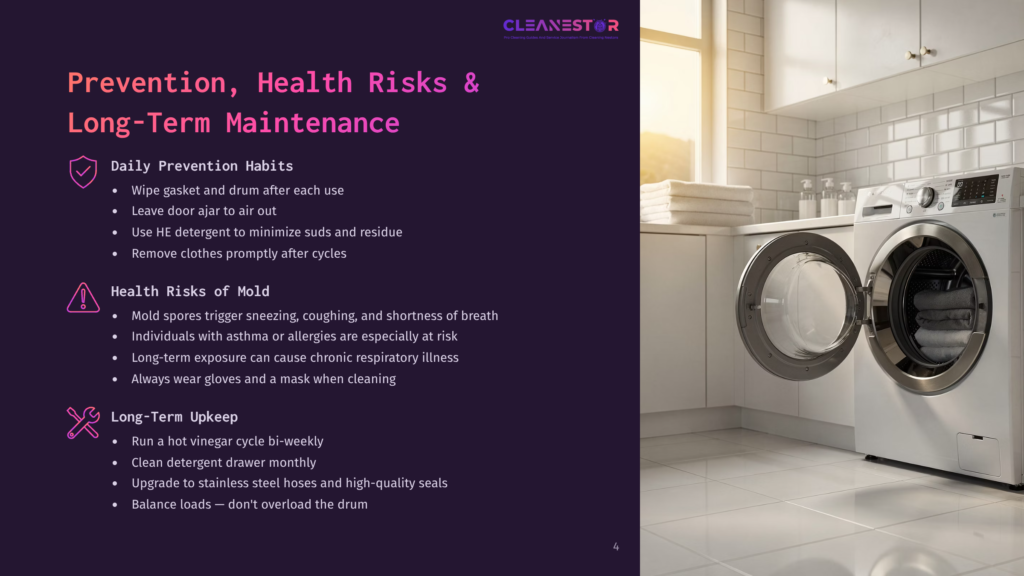 A Laundry Room With A Washing Machine And Dryer. The Washing Machine Door Is Open, Revealing Clean, Folded Towels. Text On The Left Discusses Daily Prevention Habits, Mold Risks, And Long-Term Upkeep For Laundry Appliances.