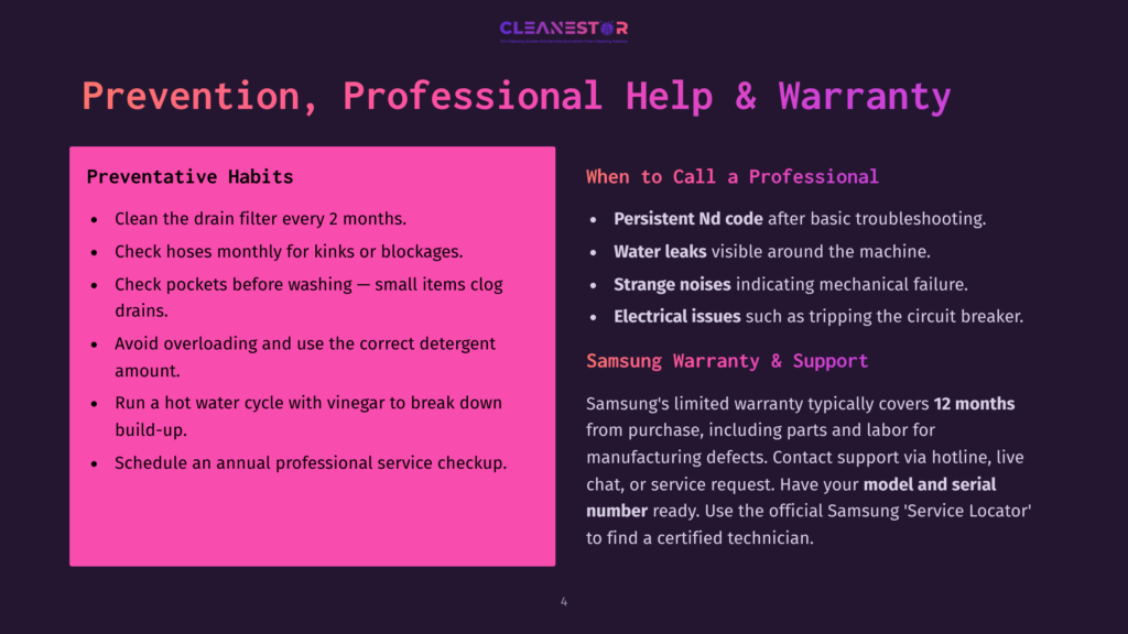 Cleanestor Slide Titled &Quot;Prevention, Professional Help &Amp; Warranty&Quot; With Bullet Points On Preventative Habits And When To Call A Professional.