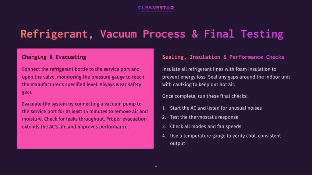 4 Refrigerant Vacuum Process And Final Testing Cleanestor Logo Above Text Detailing Refrigerant, Vacuum Process, And Final Testing Steps For Hvac Systems: Charging, Evacuating, Sealing, Insulation, And Performance Checks.