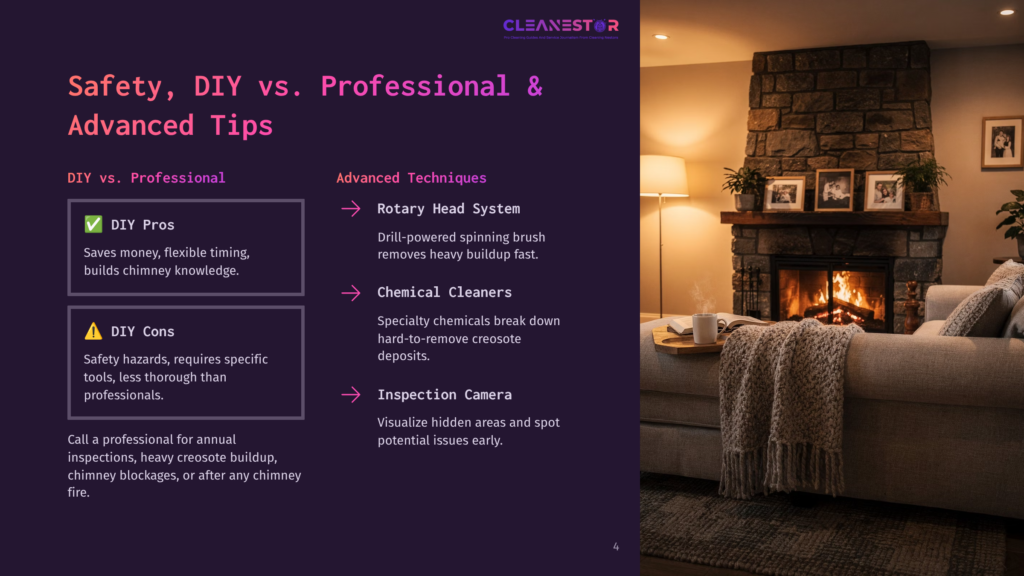 A Cozy Living Room Scene With A Stone Fireplace, A Plush Sofa, And A Warm, Inviting Atmosphere. The Text Overlay Discusses Diy Vs. Professional Chimney Cleaning Tips.