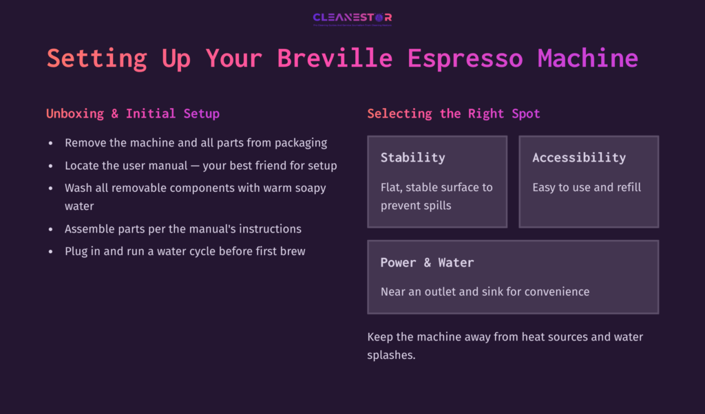 Instructions For Setting Up A Breville Espresso Machine, Featuring Text On Initial Setup And Selecting The Right Spot, On A Purple Background.