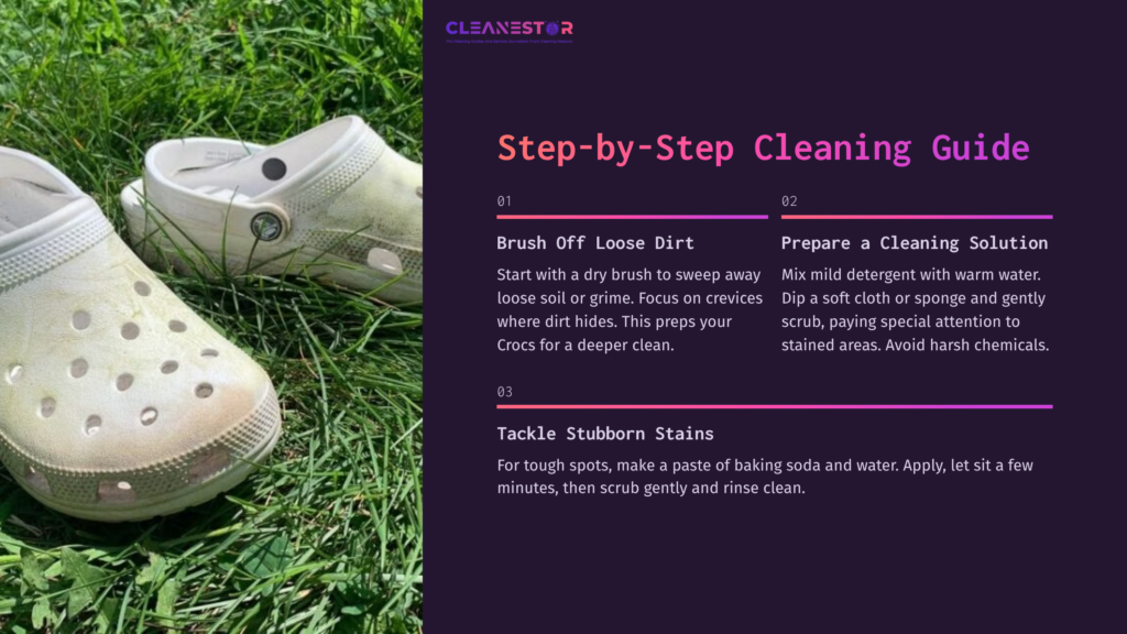 White Crocs Placed On Grass, Alongside A Cleaning Guide Outlining Steps: Brushing Dirt, Preparing Cleaning Solution, And Tackling Stains.