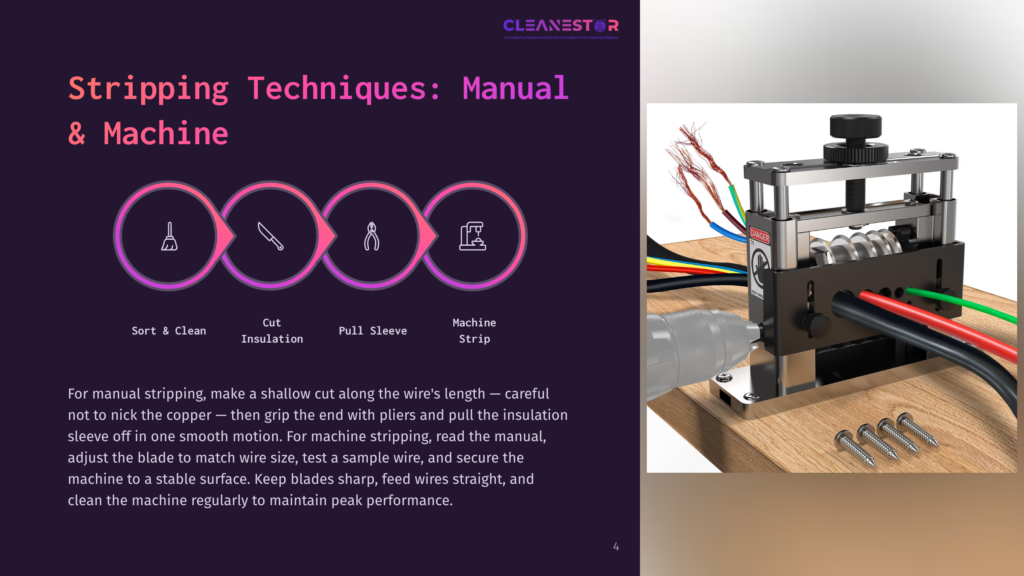 Wire Stripping Techniques Manual And Machine. Infographic Shows Four Steps: Sort &Amp; Clean, Cut Insulation, Pull Sleeve, Machine Strip. A Wire Stripping Machine Is Shown With Colorful Wires.