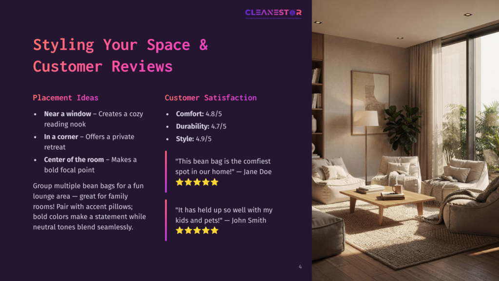 4 Styling Your Space And Customer Reviews Modern Living Room Featuring Large, Comfortable Bean Bag Chairs In Neutral Tones, A Wooden Coffee Table, And Natural Light Streaming In. Text Overlay: &Quot;Styling Your Space &Amp; Customer Reviews&Quot; And &Quot;Cleanestor&Quot;.