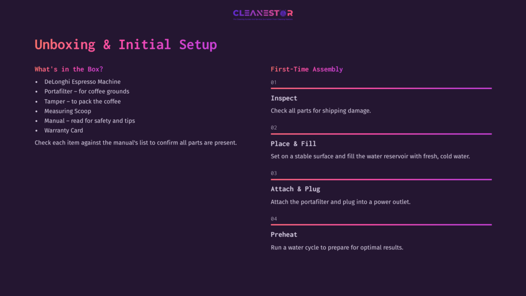 4 Unboxing And Initial Setup 1 Illustration Of A Purple And Black Layout Featuring A Checklist For Unboxing And Setting Up A Delonghi Espresso Machine.
