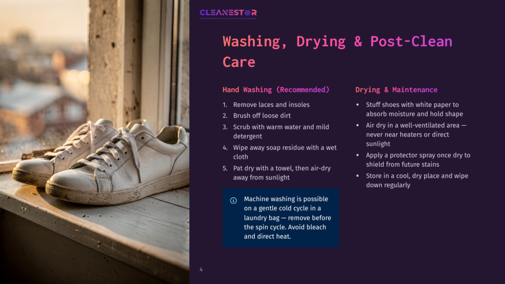 4 Washing Drying And Post Clean Care White Leather Sneakers Drying On A Windowsill, With Text Overlay Detailing Washing, Drying, And Post-Clean Care Instructions.
