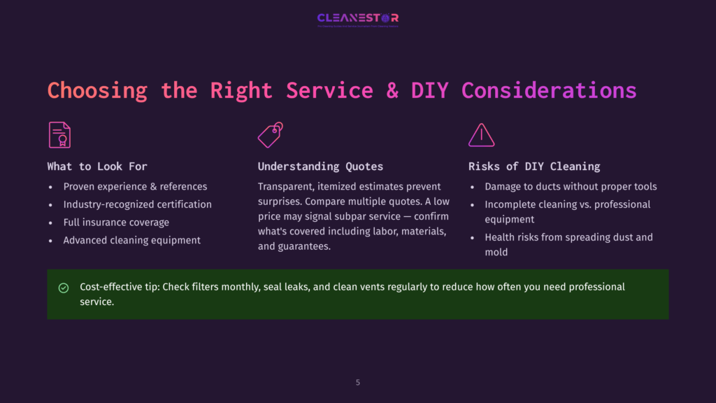 5 Choosing The Right Service And Diy Considerations Infographic Comparing Choosing Professional Cleaning Services And Diy Cleaning. Sections Include &Quot;What To Look For,&Quot; &Quot;Understanding Quotes,&Quot; And &Quot;Risks Of Diy Cleaning,&Quot; With Icons And Bullet Points. Text Reads &Quot;Cleanestor Pro Cleaning Services And Home Cleaning Solutions.