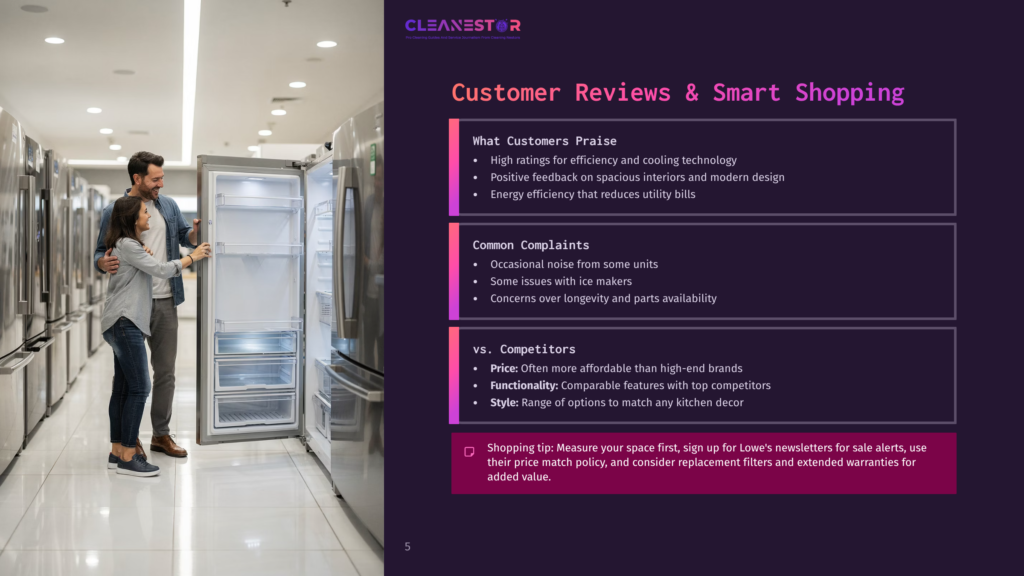 A Smiling Couple, A Man And A Woman, Look At A Large Stainless Steel Refrigerator In A Brightly Lit Appliance Store. The Refrigerator Door Is Open, Revealing A Well-Organized Interior. Text Overlay Reads &Quot;Cleanestor&Quot; And &Quot;Customer Reviews &Amp; Smart Shopping.