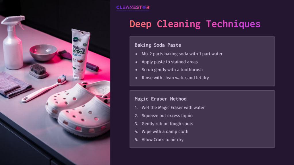 White Crocs Beside A Tube Of Baking Soda Paste, A Toothbrush, And A Magic Eraser On A Table With Cleaning Instructions In Bold Text.